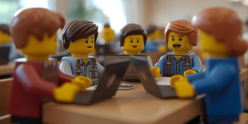 Image of group of lego figurines sitting around a table working on their laptops