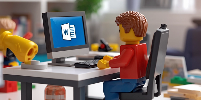 Image of lego man working on computer with Microsoft Word open