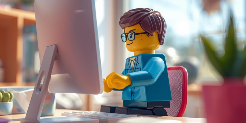 Logo man sitting in front of computer