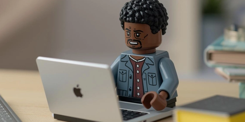Lego figurine sitting by computer