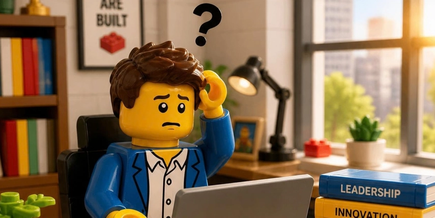 Confused lego figure working on computer