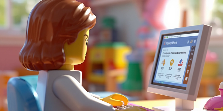 lego figure with powerpoint open on a computer screen