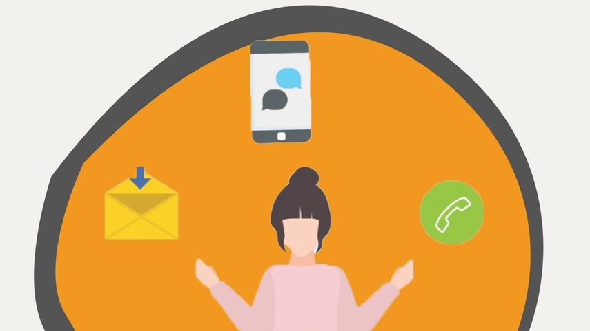 Abstract image of an icon of a person surrounded by icons of an email and phone