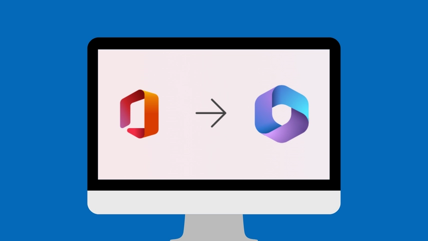 Image of old Office 365 logo pointing to new Microsoft 365 logo displayed on a computer icon screen