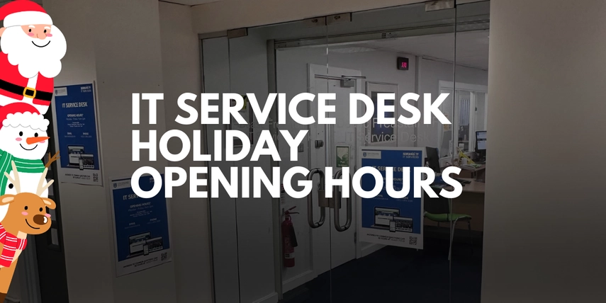 Image of the service desk with christmas figures on the side.