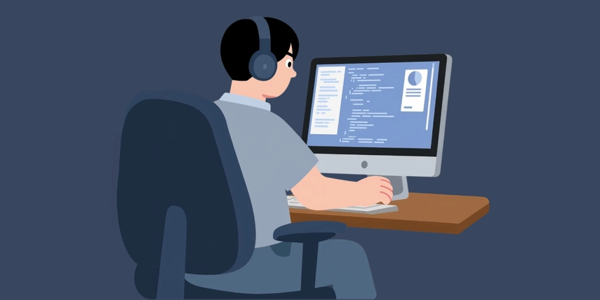 Image of person sitting by a computer working on some software