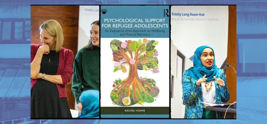 Photo collage of book cover and photos from the book launch.