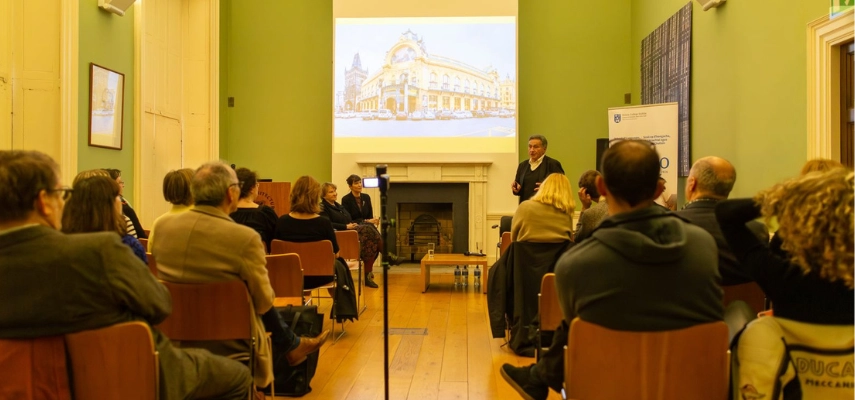 A seated audience in the Irish Architectural Archive.