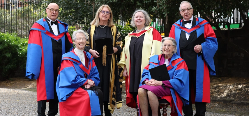 David Little, Corinna Salvadori Lonergan, Hans-Christian Oeser, Eda Sagarra, Chancellor Dr Mary McAleese and Provost Dr Linda Doyle at the conferring ceremony.
