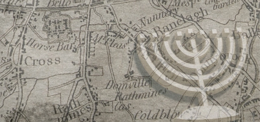 Detail from a map of the Portobello neighbourhood in Dublin city, overlaid with a graphic of a menorah.