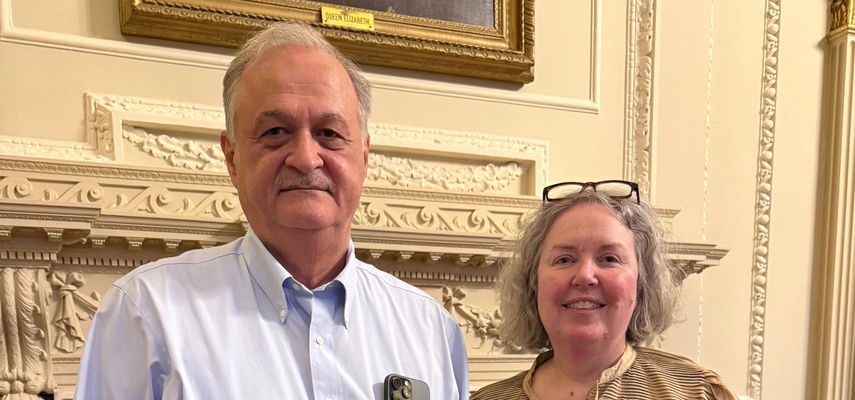 Prof. Samson Shatashvili and Provost Linda Doyle smiling for a photo in the Provost's Saloon