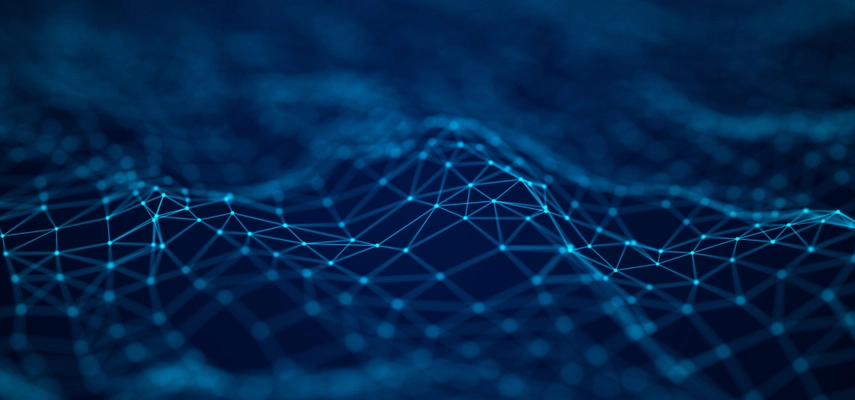 Dark blue and black image with a digital wave of particles.