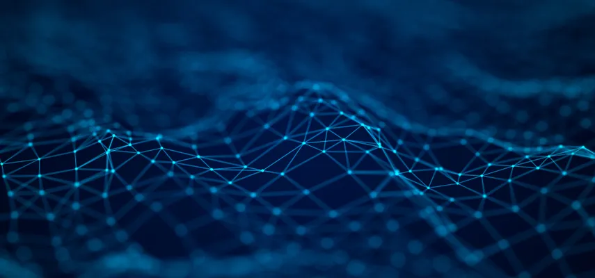 Dark blue and black image with a digital wave of particles.