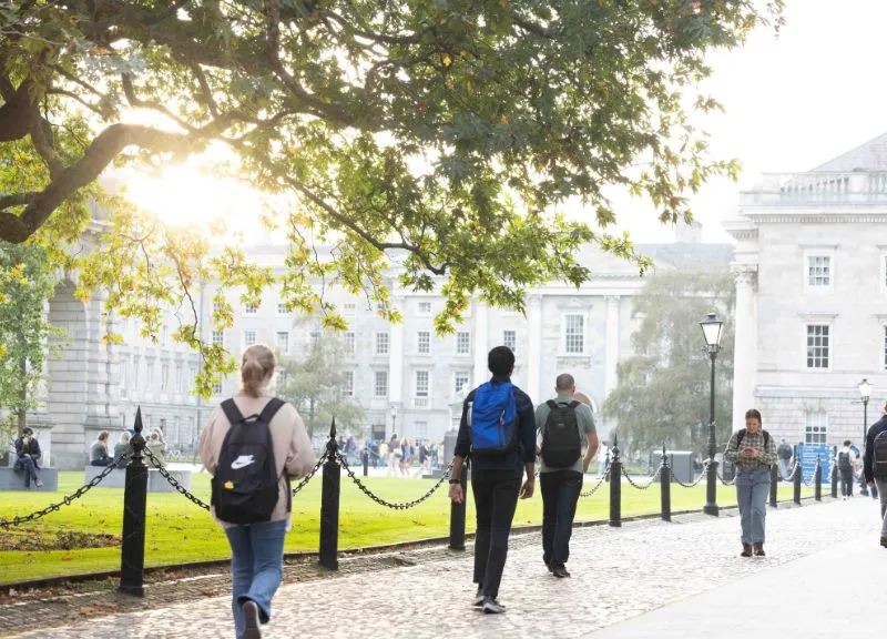 Image of students walking on the cobbles of the Trinity College Dublin campus. The sun is shining through a tree on the top left-hand corner and there is grass to the left of the frame. Stone buildings in the background.