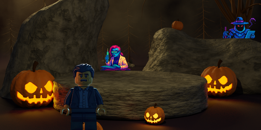 Image of lego figurine in a spooky place with carved pumpkins and digital monsters lurking in the background