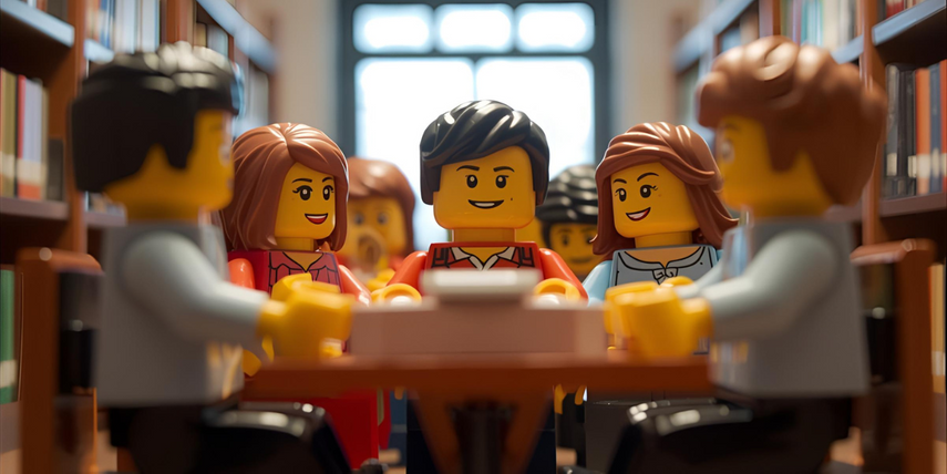 Image of lego figurines sitting around a table working in a library