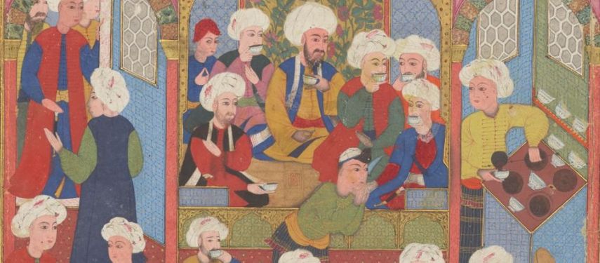 Illustration of men wearing turbans sitting in groups