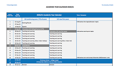 College Calendar, TCD