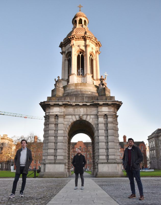 Pictured in front of Trinity College Dublin’s campanile in Front Square are team members, Dr Andrew Ure, Research Fellow, School of Physics; Associate Professor, Stephen Dooley, School of Physics; Dr Juan Valverde, Business Development Manager, Trinity Research & Innovation. Not present is Dr Manik Ghosh, Research Fellow, School of Physics (now NUI, Galway).