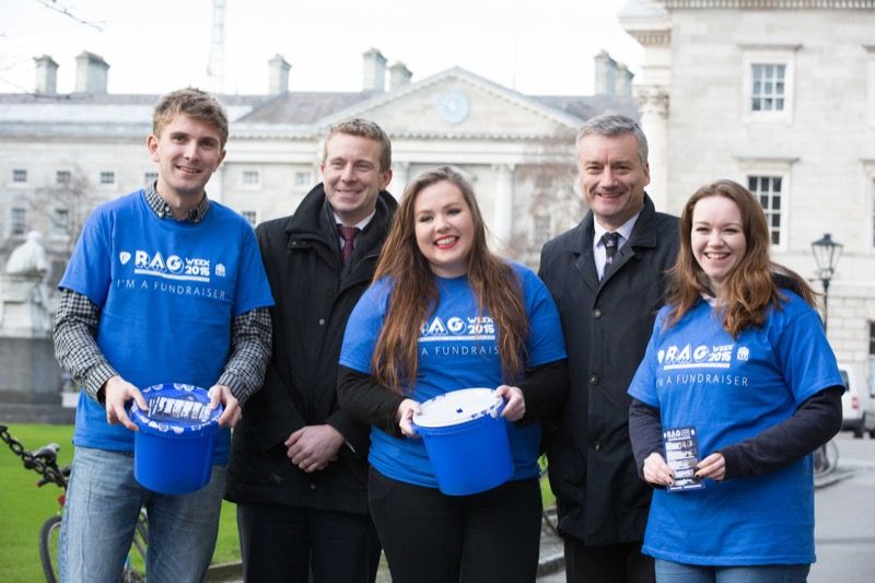 At the launch of RAG Week 2015 were Students Union Ents Officer, Finn Murphy; Trinity Foundation Board member, Fergal Naughton; Provost, Dr Patrick Prendergast; and Co-chairs of Trinity Volunteering, Sarah McAvinchey and Tara O'Broin