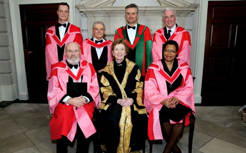 Pictured on the occasion of the Honorary Degree ceremony were (back) Rory O'Neill, Tomas Reichental, Provost Dr Patrick Prendergast, Fr Peter McVerry, (bottom) Senator David Norris, University Chancellor Mary Robinson and Graca Machel