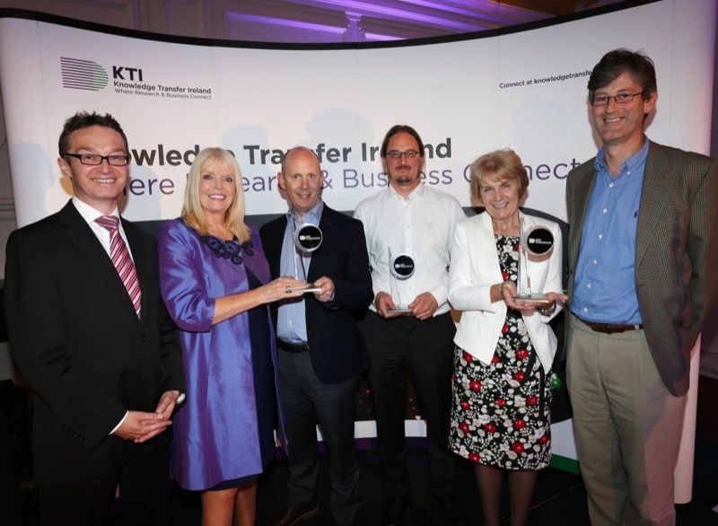 Dr Sean Mulvany, Minister of Jobs, Enterprise and Innovation, Mary Mitchell O'Connor TD, Dr Diarmuid O'Brien, Professor of Chemical Physics, Trinity (and AMBER Centre) Jonathan Coleman, Dr Margaret Woods and Dr Graham McMullin (Tech Transfer Case Manager, Trinity).