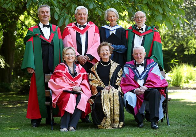 From L-R: Secretary Clinton, Chancellor Mary Robinson, Dr Scott, Provost, Paul Drechsler, Ann Martha Rowan & Dr James Simons.