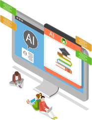 Stylised image of some students sitting at a computer that is displaying some AI information.
