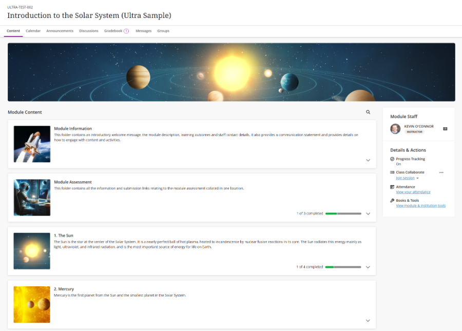 Some sample module image of a module on the Solar System in Blackboard Ultra.