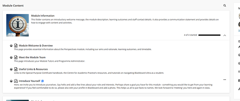 Module Information folder in Blackboard Ultra showing the different layout elements.