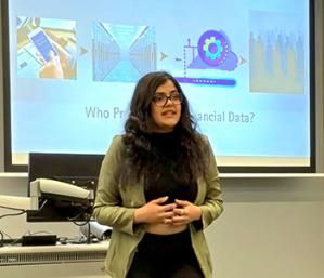 Image of Arushi Sharma giving her presentation at the TCD Three Minute Thesis Competition.
