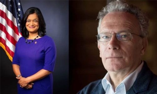 Image of Congresswoman Pramila Jayapal and Fintan O'Toole.