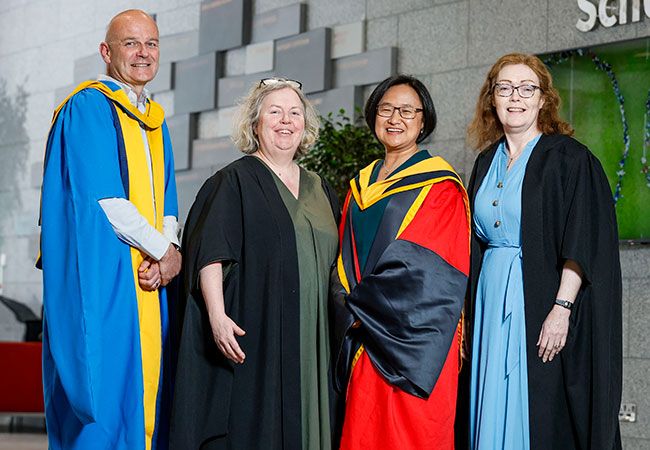 Head of School Professor Muzellec, Provost Dr Linda Doyle, Professor Na Fu, Dean Professor Carmel O'Sullivan, at Professor Fu's Inaugural Lecture.