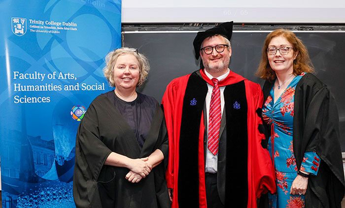 Image of Provost Dr Linda Doyle, Professor Nathan Hill, and Dean of FAHSS Professor Carmel O'Sullivan at Professor Hill's Inaugural Lecture.