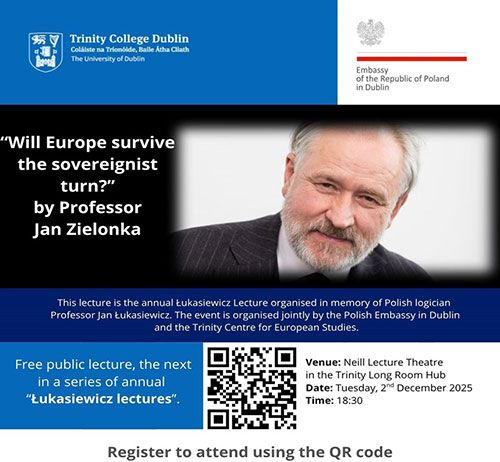 Image of event details for the Jan Zielonka lecture on 02 December 2025 at 18.30 in the Trinity Long Room Hub.