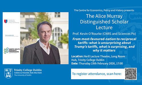Event details for Alice Murray Distinguished Scholar lecture 2026 by Professor Kevin O’Rourke (CNRS and Science Po) on 19 February 2026 at 17.00 in the Trinity Long Room Hub.