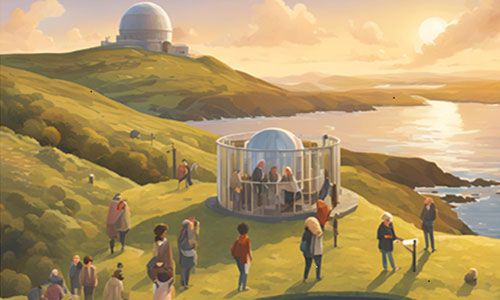 Illustrated image of people gathering outside wit a view of the sea.
