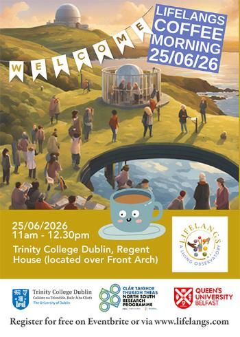 Event details for Lifelangs summer coffee morning on 25 June 2026 in Trinity College Dublin.