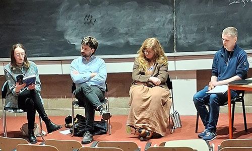 Image of writers Laoighseach Ní Choistealbha, Eoin P. Ó Murchú and Éilis Neary, with Dr Peter Weakliam at the Móroíche Litríochta literary event on 30 March 2026.