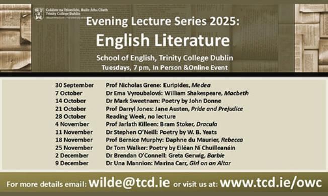Image of list of School of English lecture series in Michaelmas Term 2025.