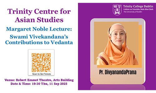 Event details for Margaret Noble lecture and photo of speaker by Pravrajika Divyanandaprana.