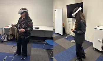 Valerie Smith and Barbara Soares with AI XR Headsets.