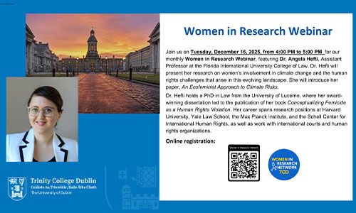 Image of details of Women in Research Webinar on Tuesday 16 December 2025, online at 16.00, with Dr Angela Hefti.