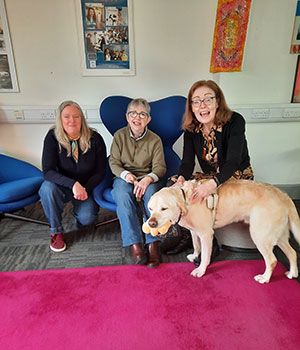 from left to right: Dr Ann Devitt, Head of School of Education, Dr Patricia McCarthy, Professor Carmel O’Sullivan, School of Education and Dean of AHSS, and Gaston.