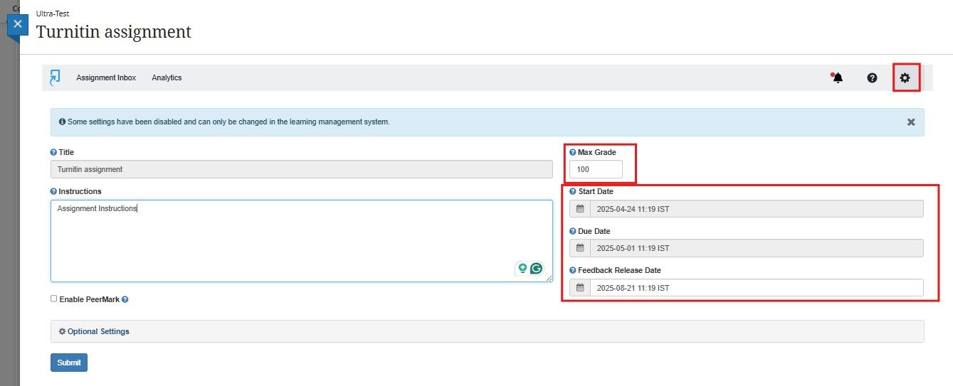 Turnitin set up screen