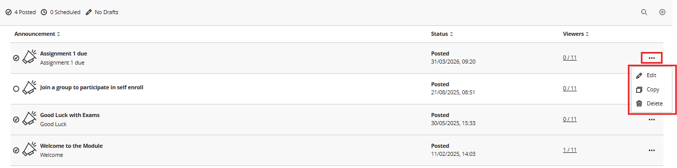 Announcement Edit Copy Delete