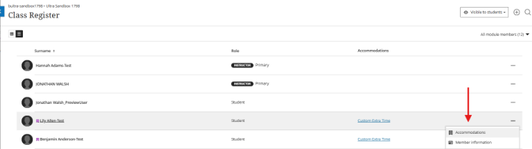 Location of the Accommodation setting within Blackboard Ultra Class Register