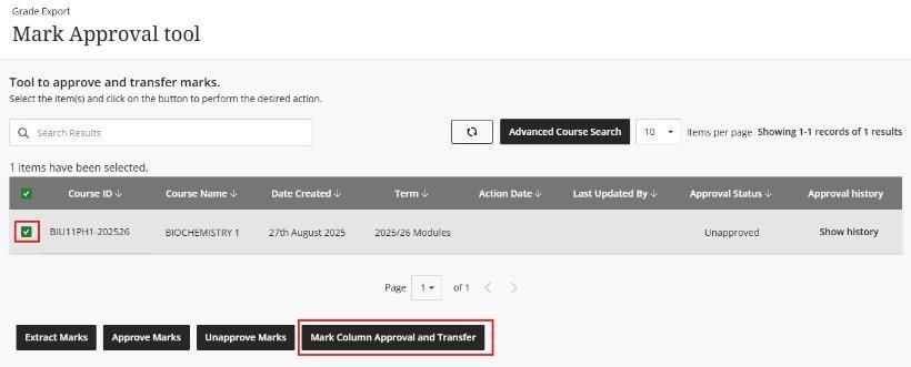 Grades journey Approve Columns Individually Screen