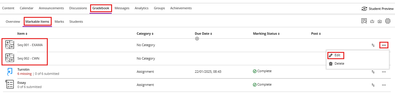 Markable Items Edit Grades Journey Columns