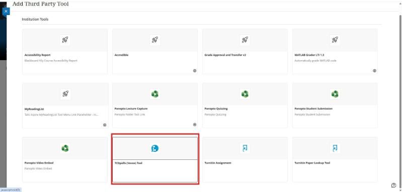 Add Third Party Tool panel displaying various institutional integrations, with a black outline selecting the